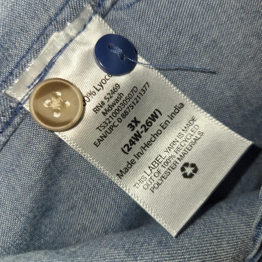 Terra & Sky NEW Ruffle Front Button Down Chambray Blouse Blue - Plus Size 3X - Picture 8 of 9